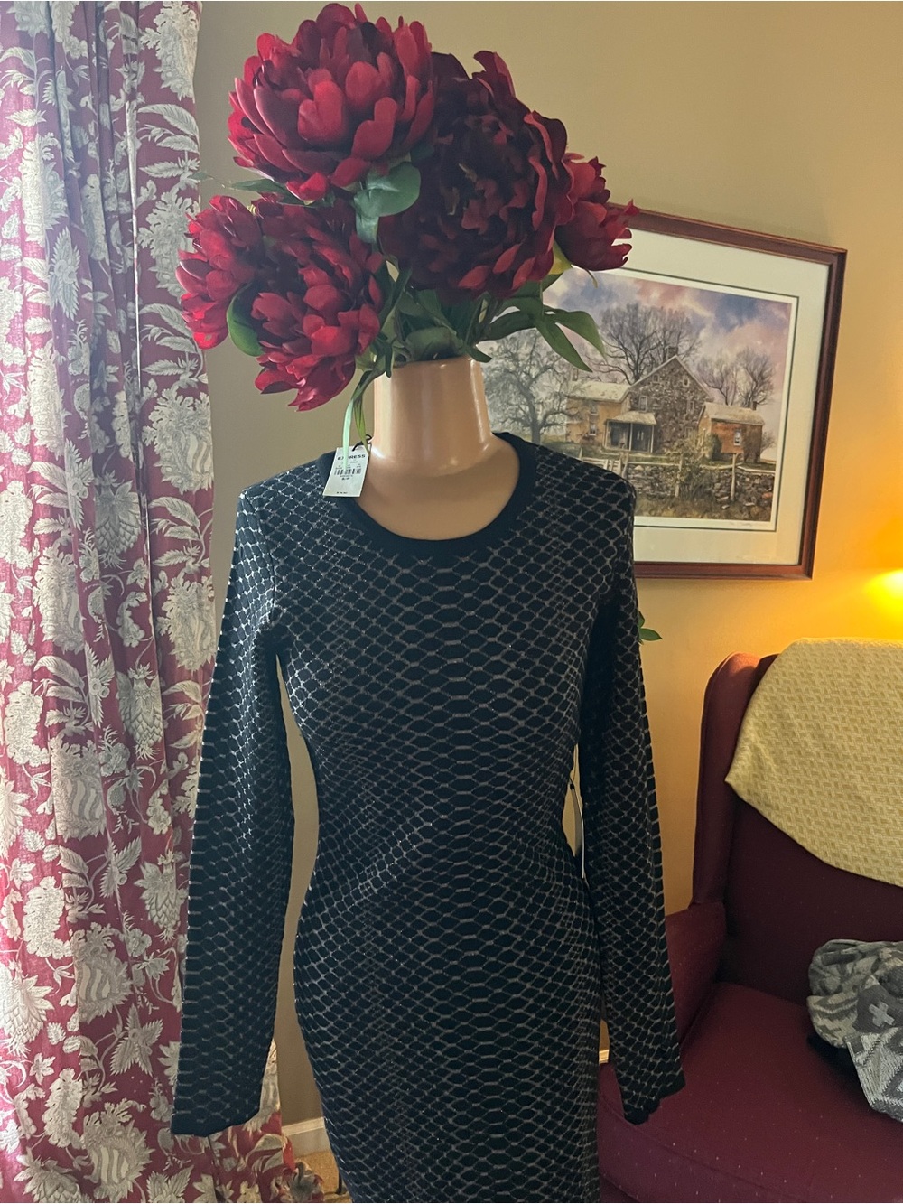Black Metallic Grid Knit Long Sleeve Dress